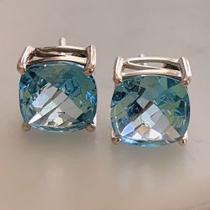 Sterling Silver and Blue Rhinestone Square Stud Earrings